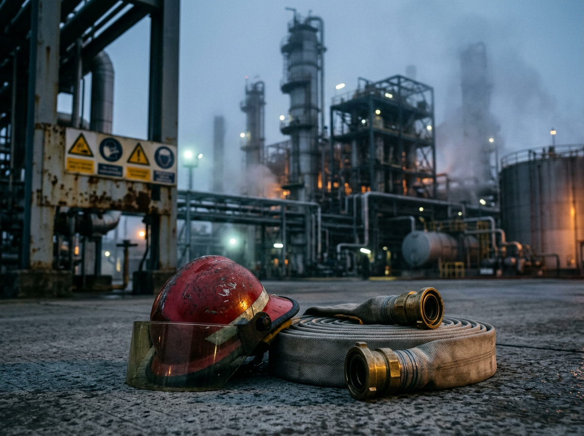 Fire helmet and coiled hose in front of an industrial refinery